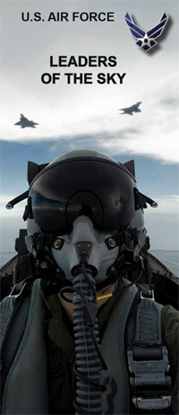 A fighter pilot with a mask on and the title 'U.S. Air Force. Leaders of the Sky.'