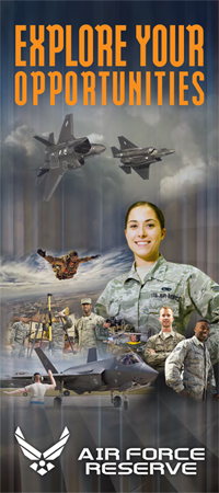 People and planes with the title 'Explore Your Opportunities. Air Force Reserve.'