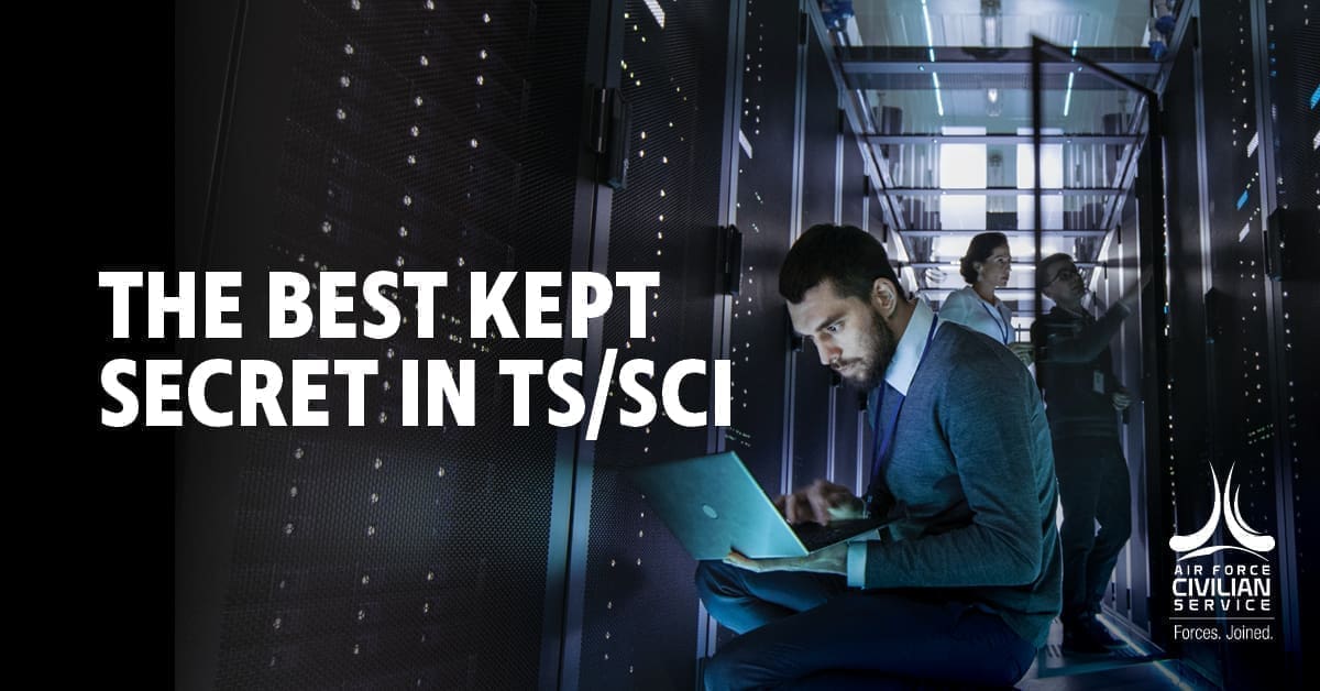 Three people working in a server room, the text 'The best kept secret in ts/sci' on the left.