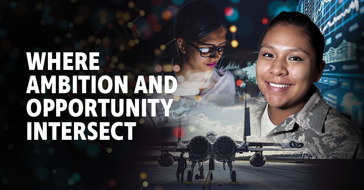 A woman smiling, a woman working at a computer and a jet, with the text 'Where ambition and opportunity intersect.'