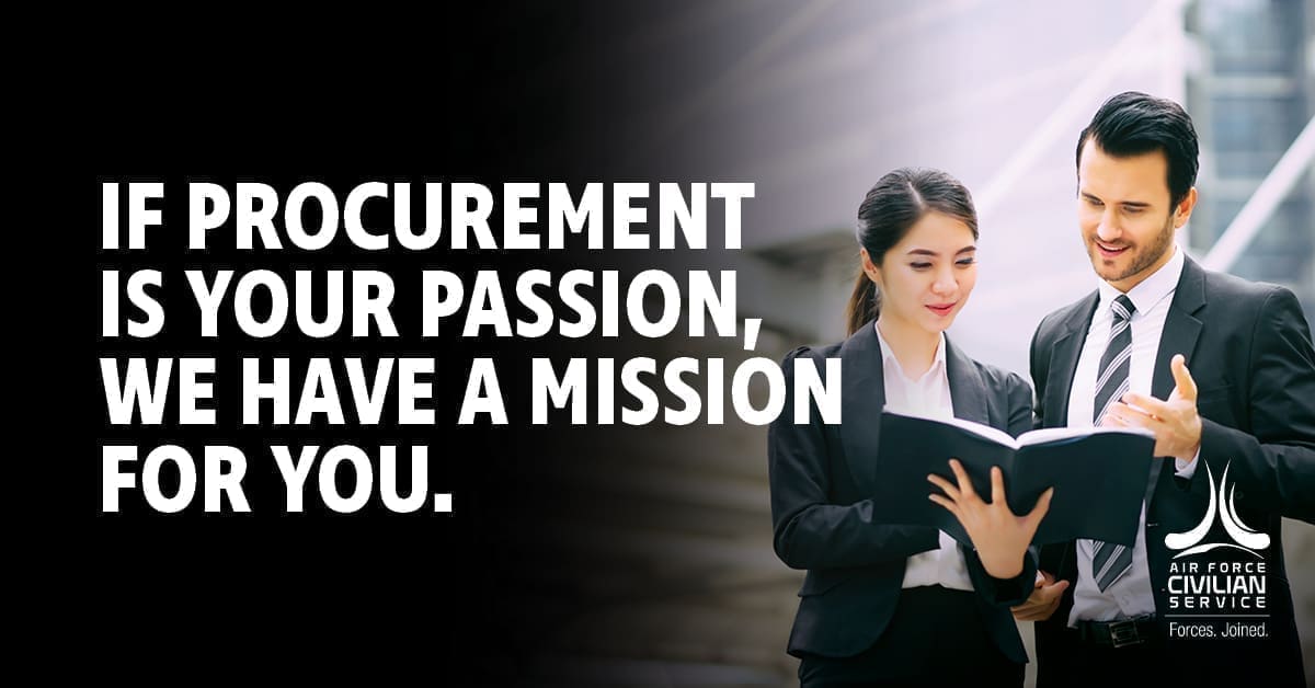 A man and a woman looking at a book together. The text 'If procurement is your passion, we have a mission for you.'