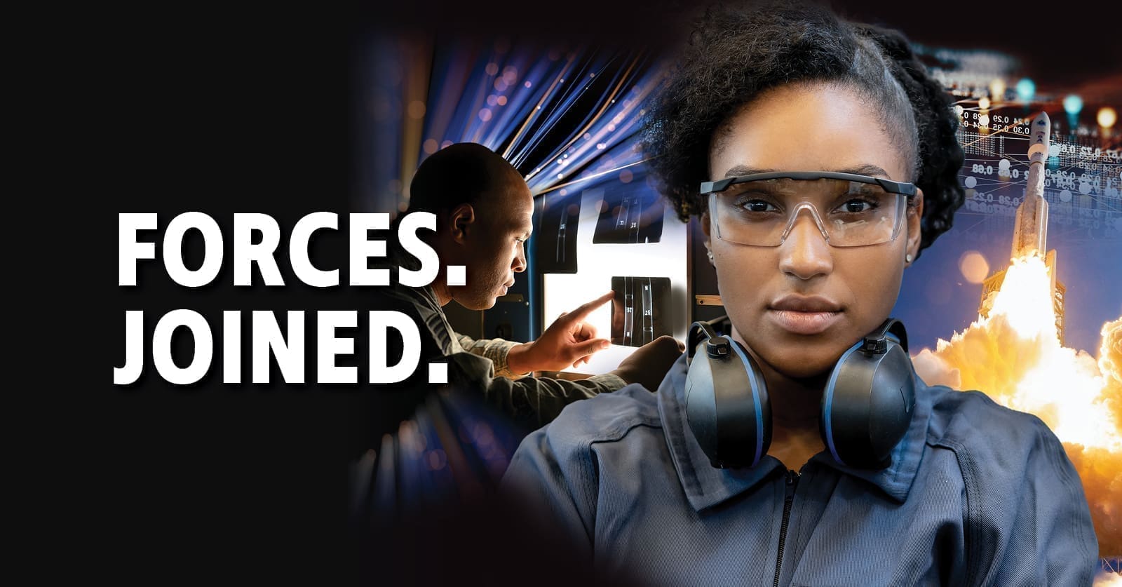 A woman wearing safety headphones around her neck in front of a man working at a computer. With the text 'Forces. Joined.'