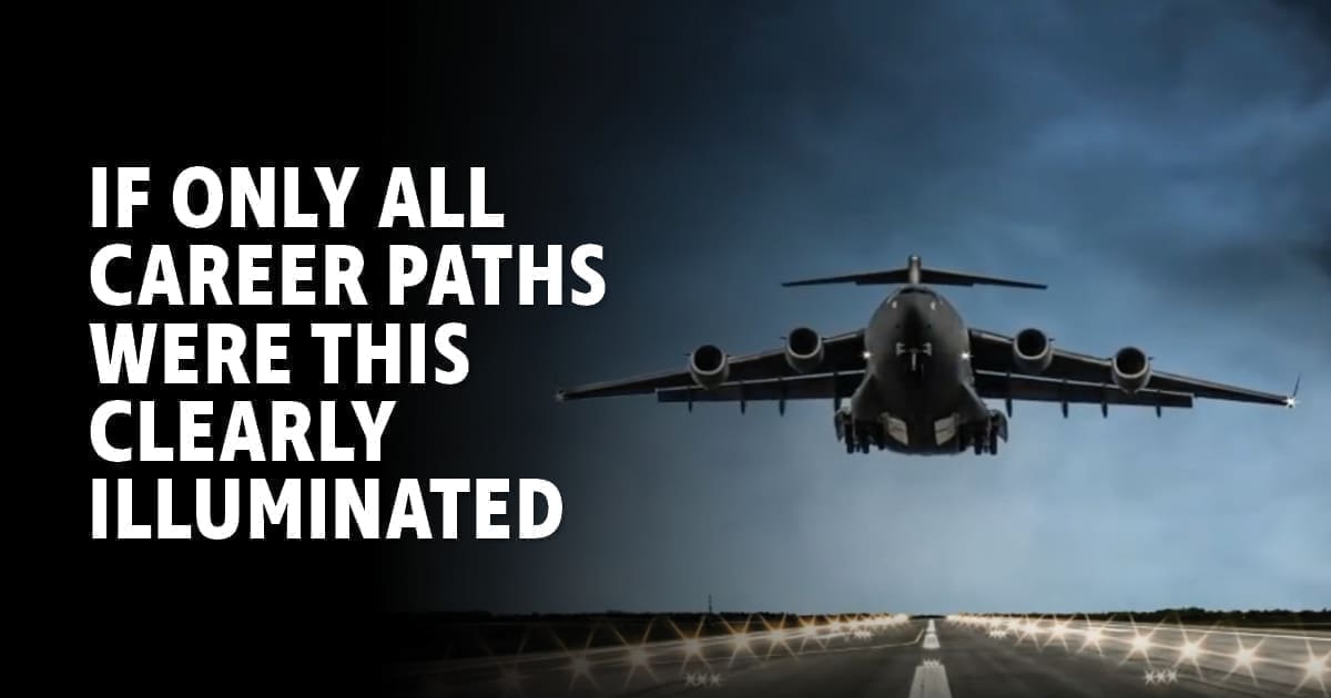 A plane taking off over the tarmac. With the text 'If only all career paths were this clearly illuminated.'