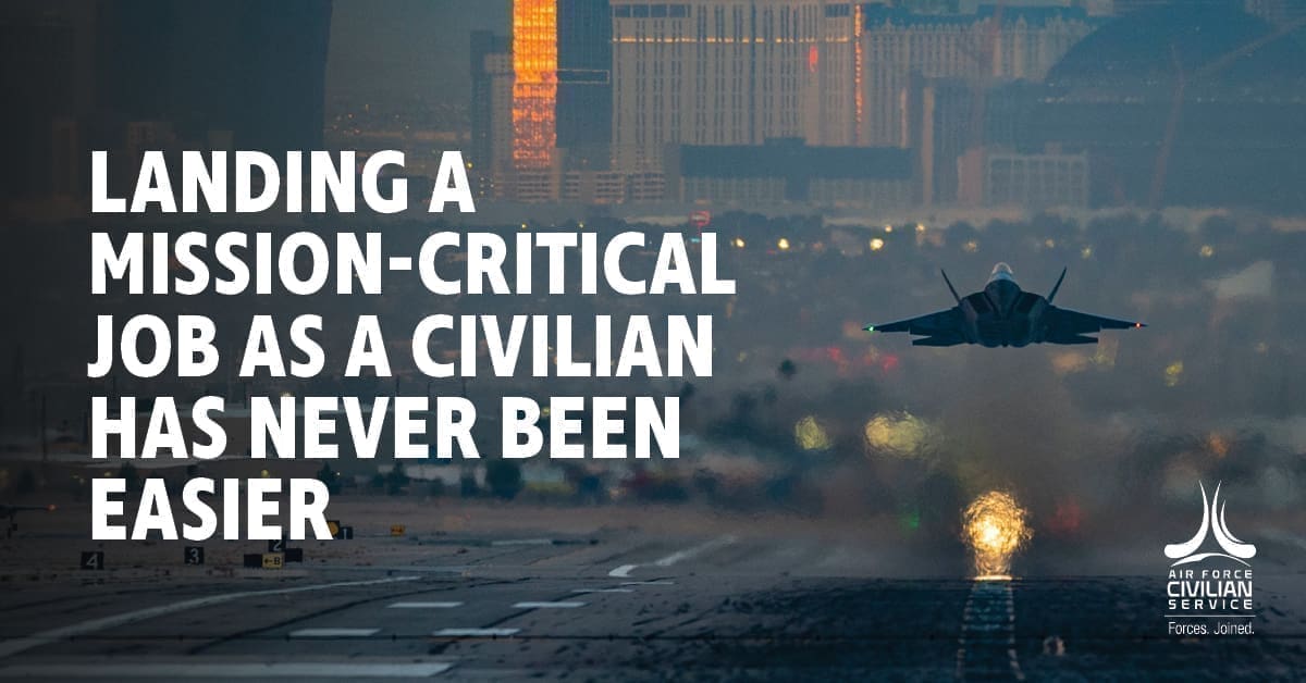 A Jet taking off and the text 'Landing a mission-critical job as a civilian has never been easier.'