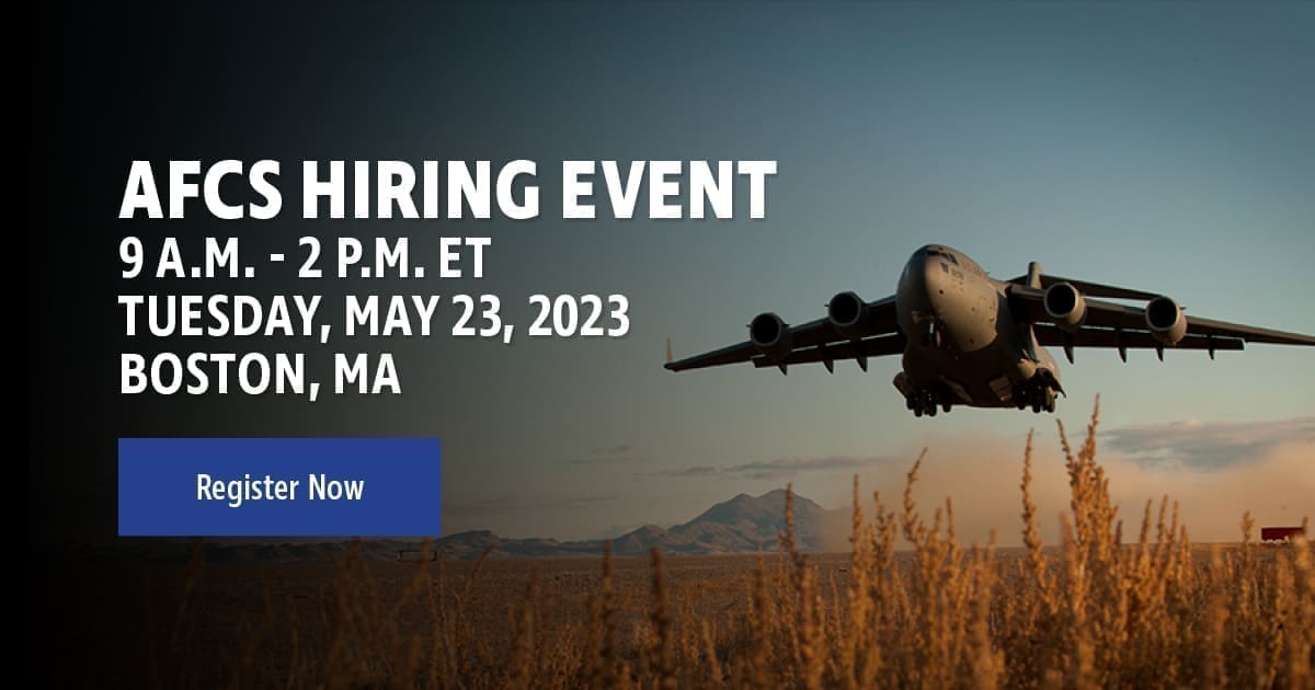 A plane taking off with text 'AFCS hiring event.'