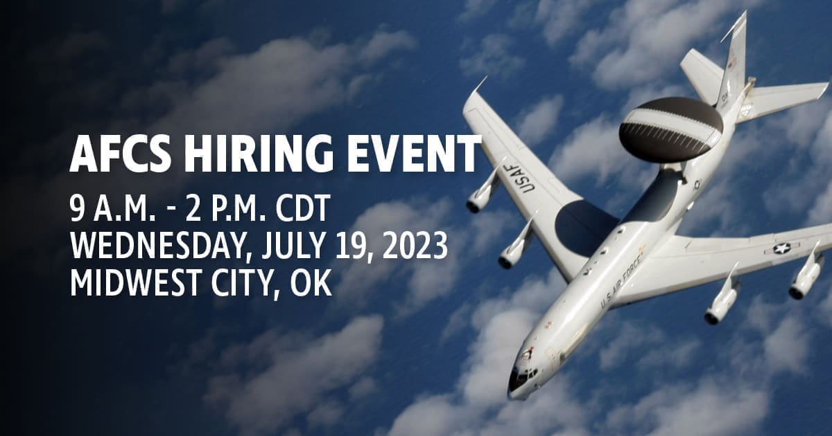 An aircraft flying in the sky with the text 'Hiring Event.'