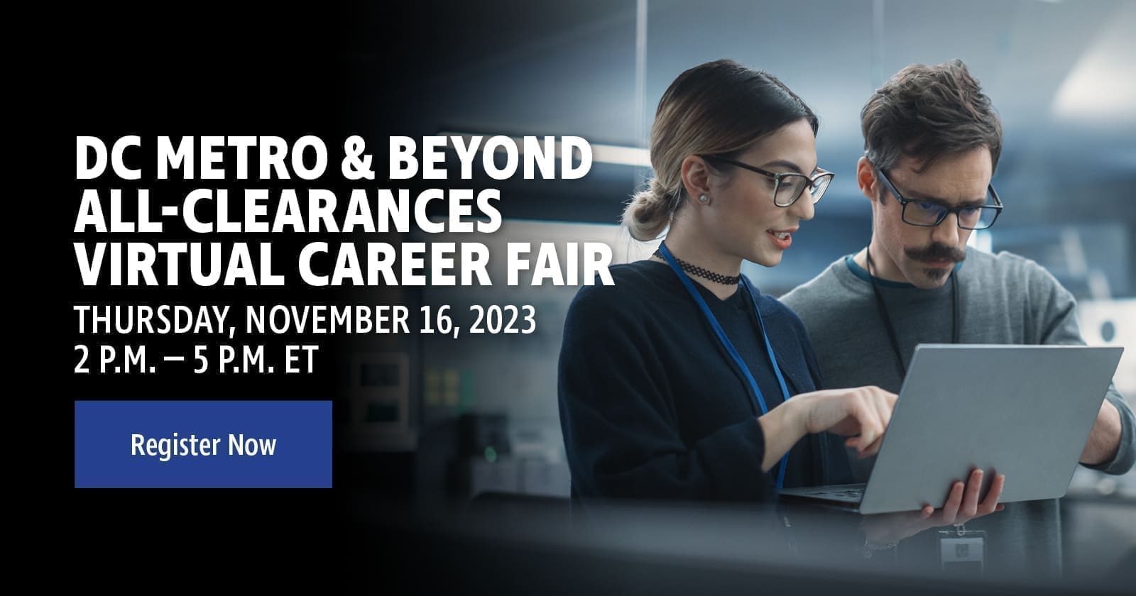 A woman and a man working on a laptop together. With the text 'Nationwide all-clearances virtual career fair.'