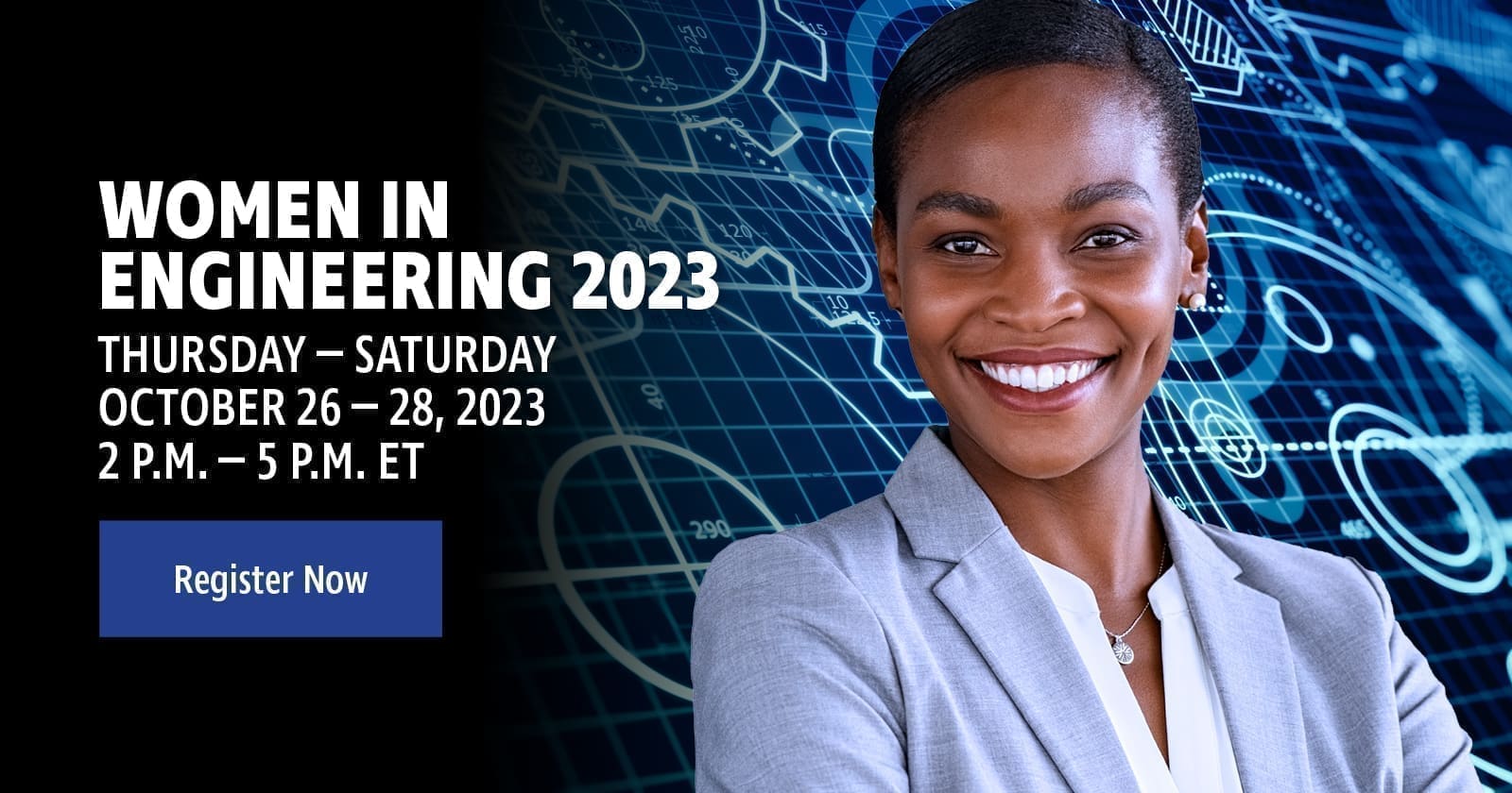 A woman wearing a grey blazer and the text ' Women in Engineering 2023.'