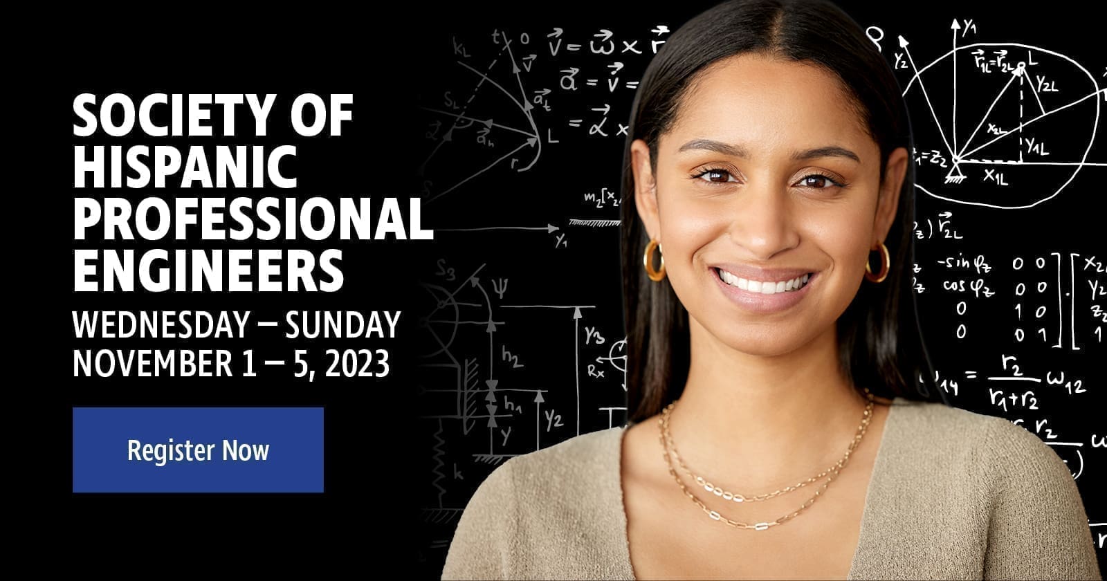 A woman wearing a brown sweater and gold necklaces. With the text 'Society of Hispanic Professional Engineers.'