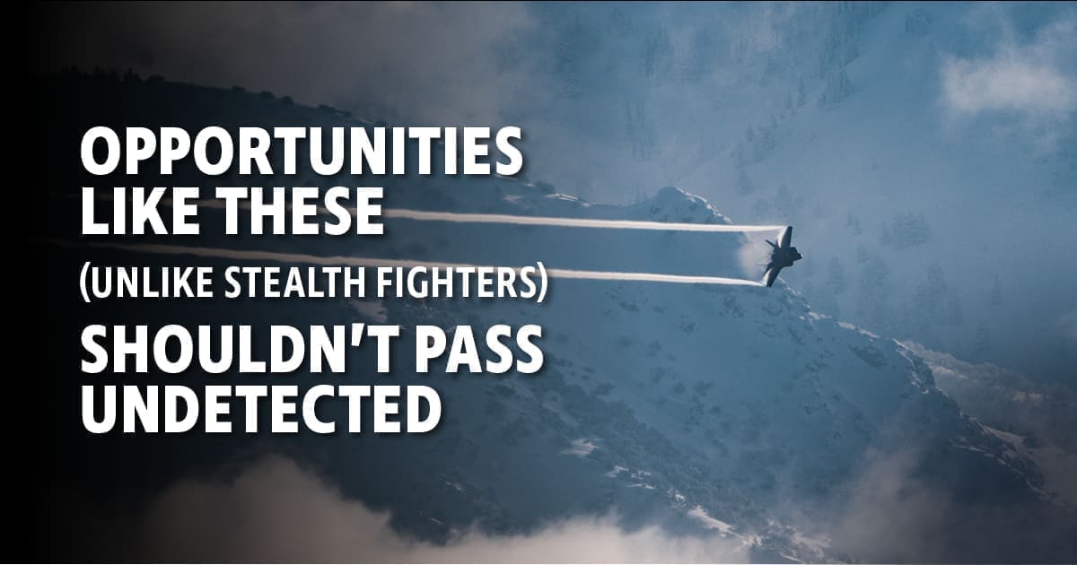 A jet flying over mountains with the text 'Opportunities like these (unlike stealth fighters) Should not pass undetected.'