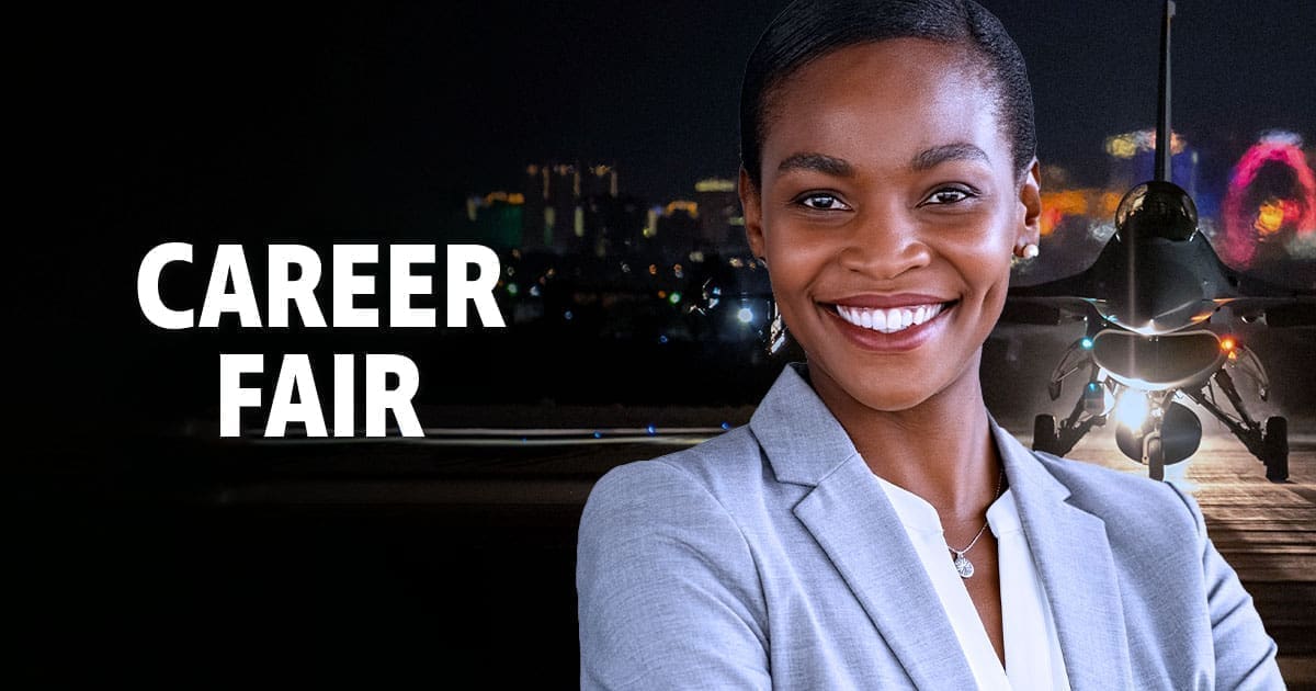 A woman wearing a grey blazer with a jet behind her. With the text 'Career Fair'.