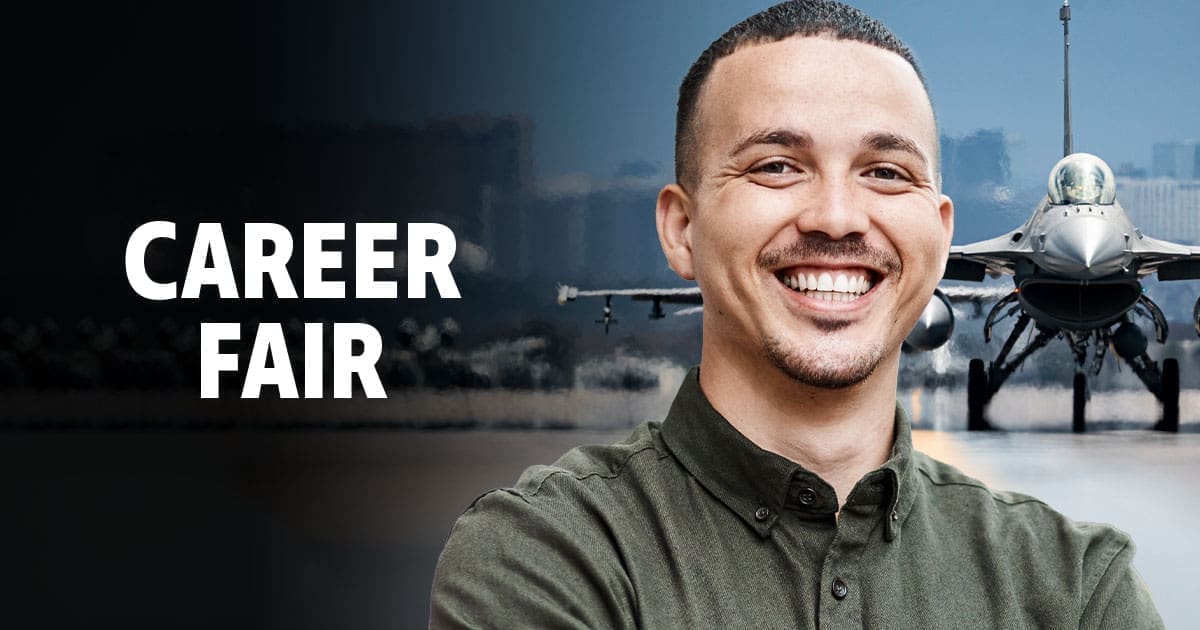 A man wearing a green shirt with a jet behind him. With the text 'Career Fair'.