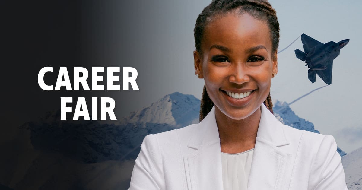 A woman wearing a white blazer with a jet behind her. With the text 'Career Fair'.