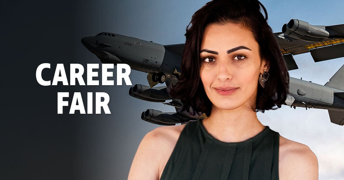 A woman wearing a black shirt with a jet behind her. With the text 'Career Fair'.