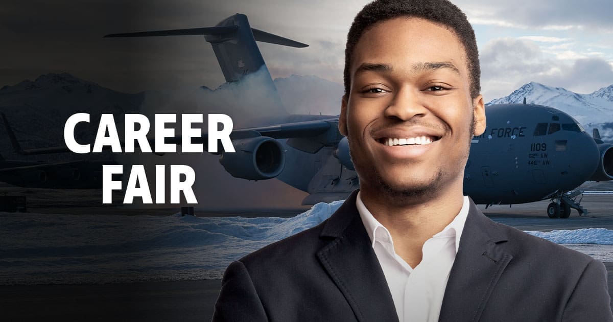 A man wearing a dark grey blazer with an aircraft behind him. With the text 'Career Fair'.
