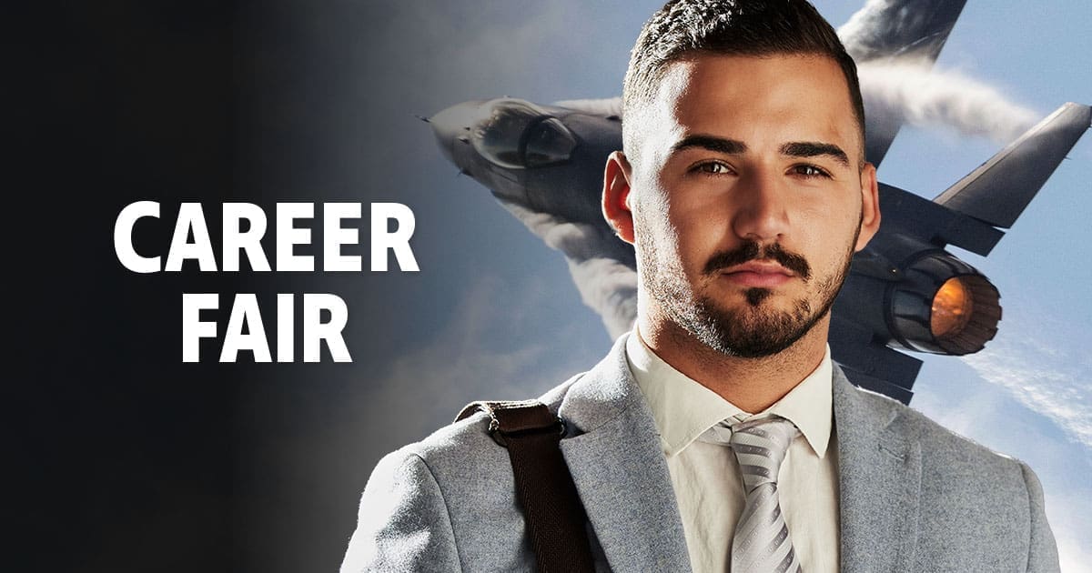 A man wearing a grey blazer with a jet behind him. With the text 'Career Fair'.