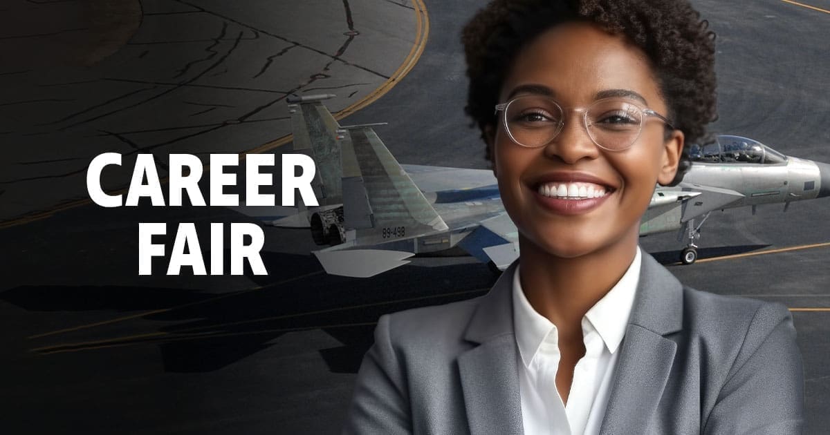 A woman wearing a grey blazer with a jet behind her. With the text 'Career Fair'.