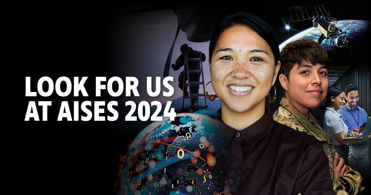 A woman wearing a black shirt with several behind her. With the text 'Look for us at AISES 2024'