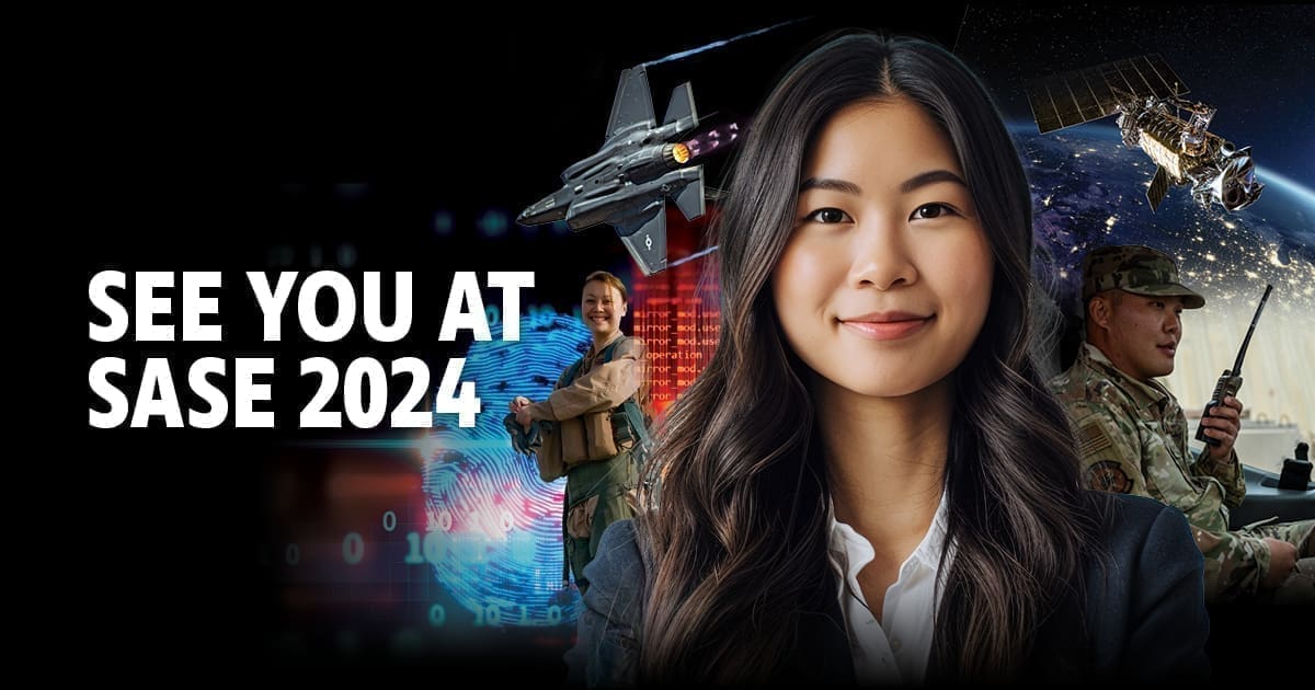 A woman wearing a black blazer with a jet behind her. With the text 'See you at SASE 2024.'